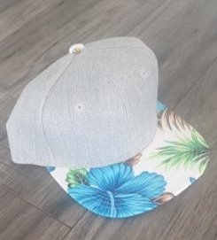 Snapback Cap with Blue Flower Design on Peak- GREY