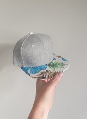 Snapback Cap with Blue Flower Design on Peak- GREY